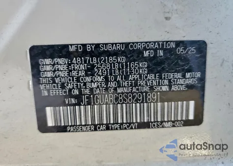 2025 Subaru Impreza из США, поврежденный, VIN JF1GUABC8S8291891